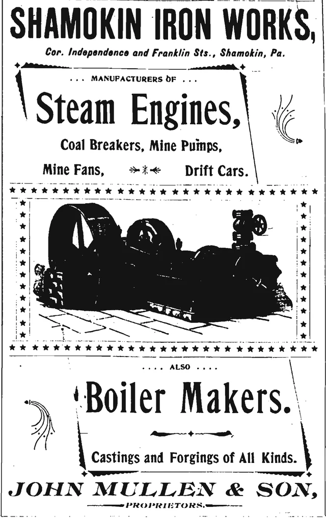 Historic display advertisement for Shamokin Iron Works / John Mullen & Son.