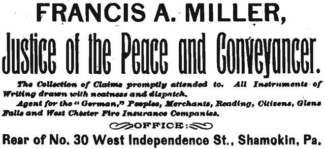 Historic display advertisement for Francis A. Miller, justice of the peace and conveyancer.