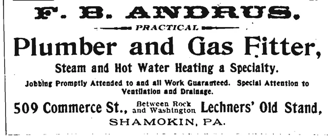 Historic display advertisement for F. B. Andrus, plumber and gas fitter.