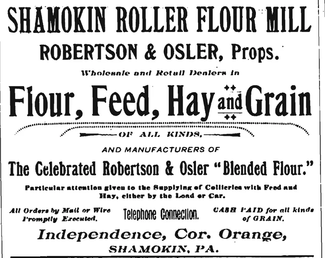 Historic display advertisement for Shamokin Roller Flour Mill / Robertson & Osler.
