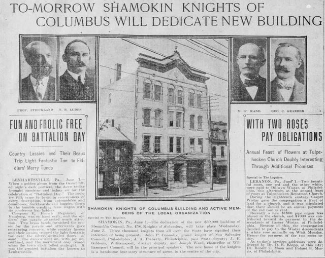 Historic newspaper image of the Knights of Columbus Building in Shamokin