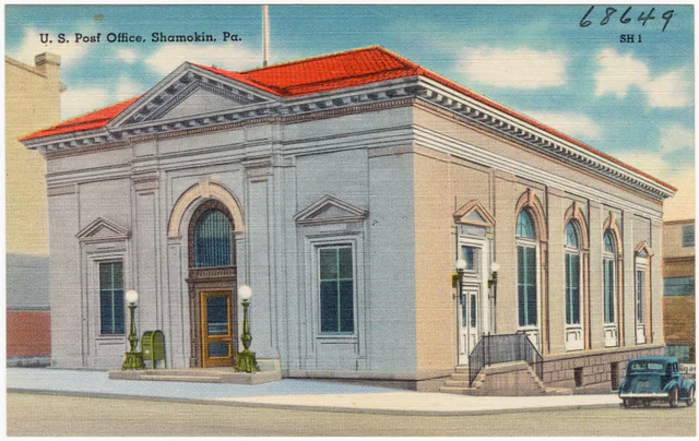 Historic postcard showing the former United States Post Office in Shamokin