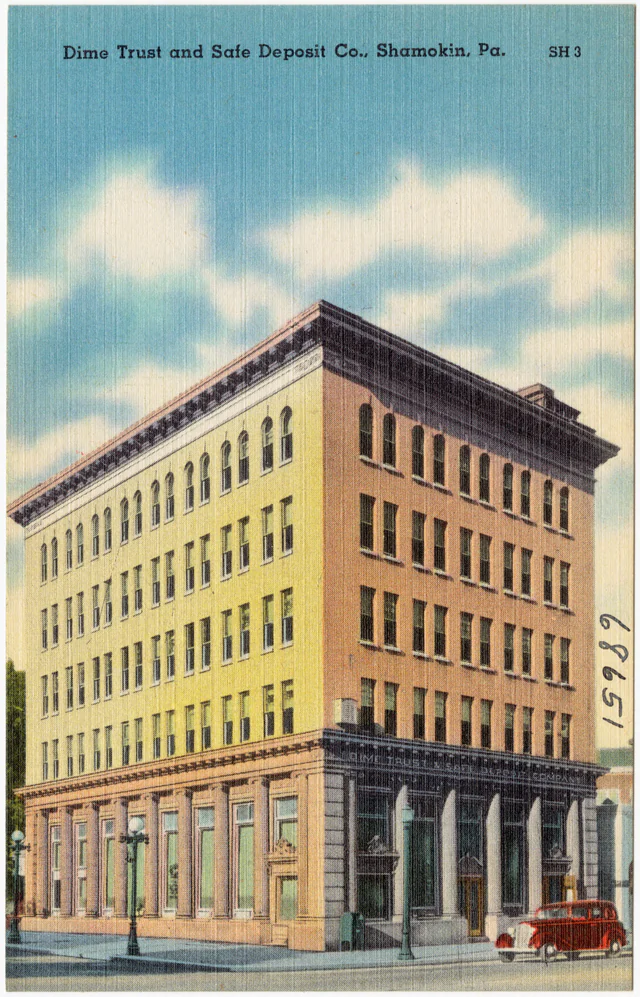 Historic postcard showing the Dime Trust and Safe Deposit Company building in Shamokin