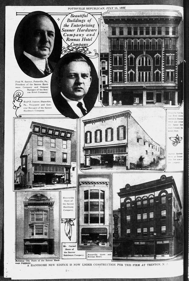 Historic newspaper page about Rennas Hotel in Shamokin