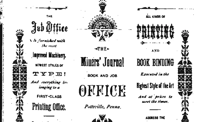 Ornate Miners' Journal book and job office advertisement from the 1884–85 directory