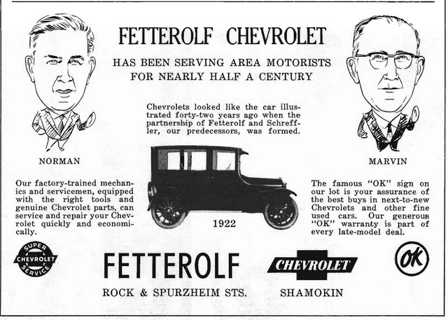 Black-and-white Fetterolf Chevrolet advertisement with two portrait drawings, a 1922 Chevrolet, service text, and the Rock and Spurzheim address