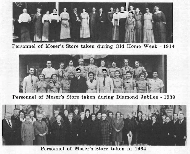 Three black-and-white group photographs of Moser’s Store personnel, captioned 1914, 1939, and 1964