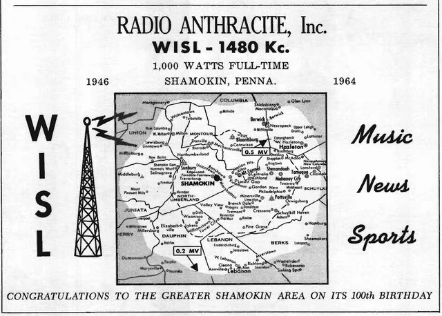 Black-and-white WISL Radio Anthracite advertisement with 1480 kc, 1,000 watts full-time, a broadcast tower, and a regional coverage map