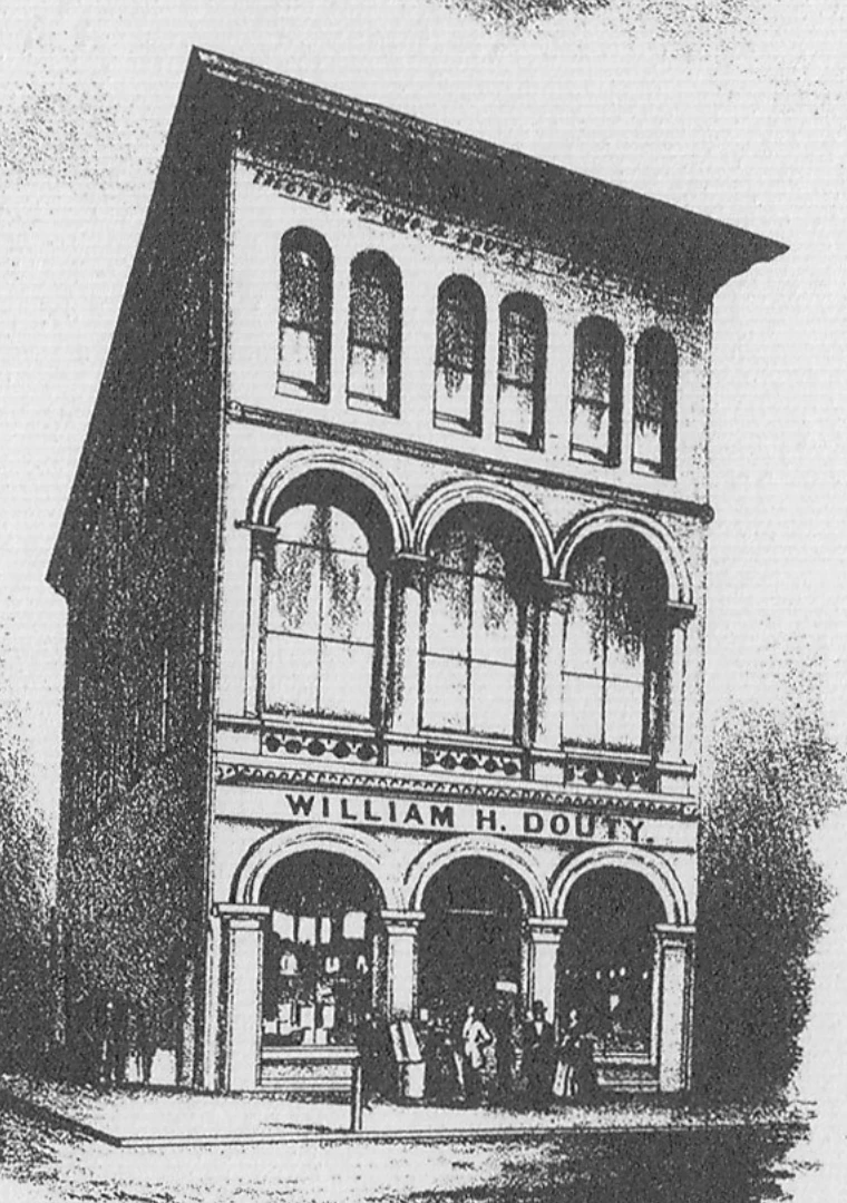 1873 architectural illustration of William H. Douty’s tall brown-stone-front building with arched windows and storefront