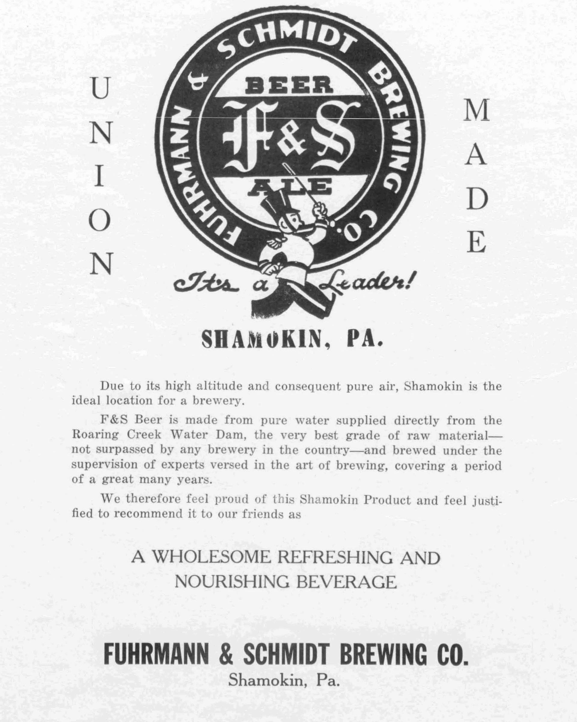 Black-and-white Fuhrmann and Schmidt Brewing Company advertisement for F&S Beer and Ale in Shamokin