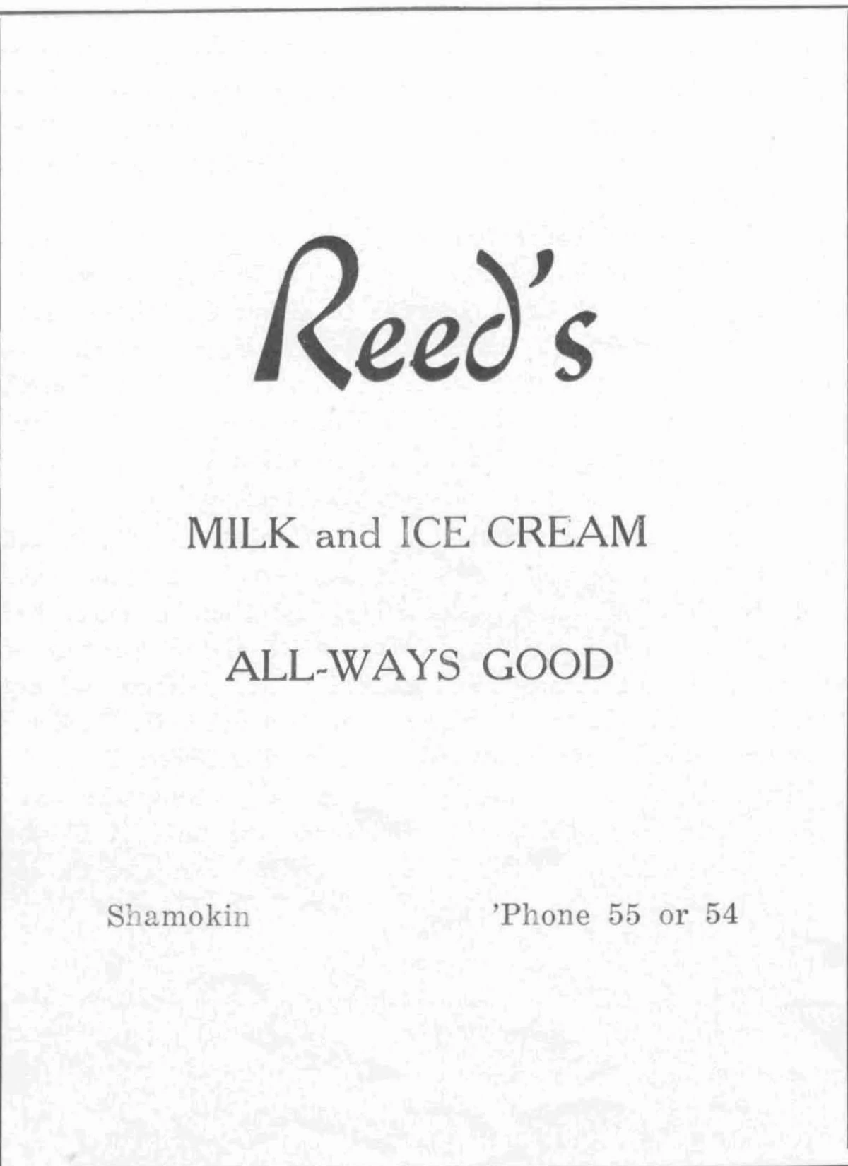 Black-and-white Reed’s advertisement for milk and ice cream in Shamokin