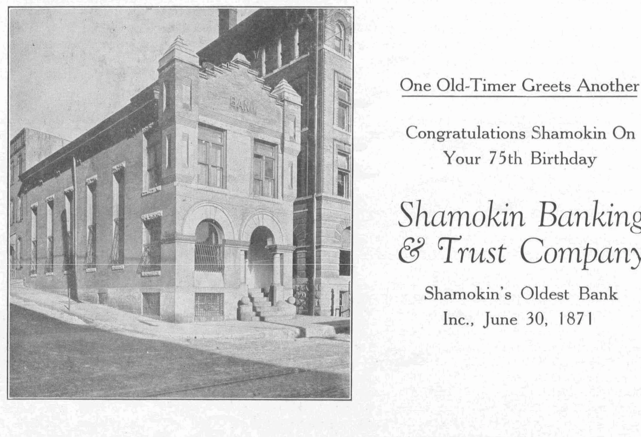 Black-and-white Shamokin Banking and Trust Company advertisement with an 1871 incorporation date