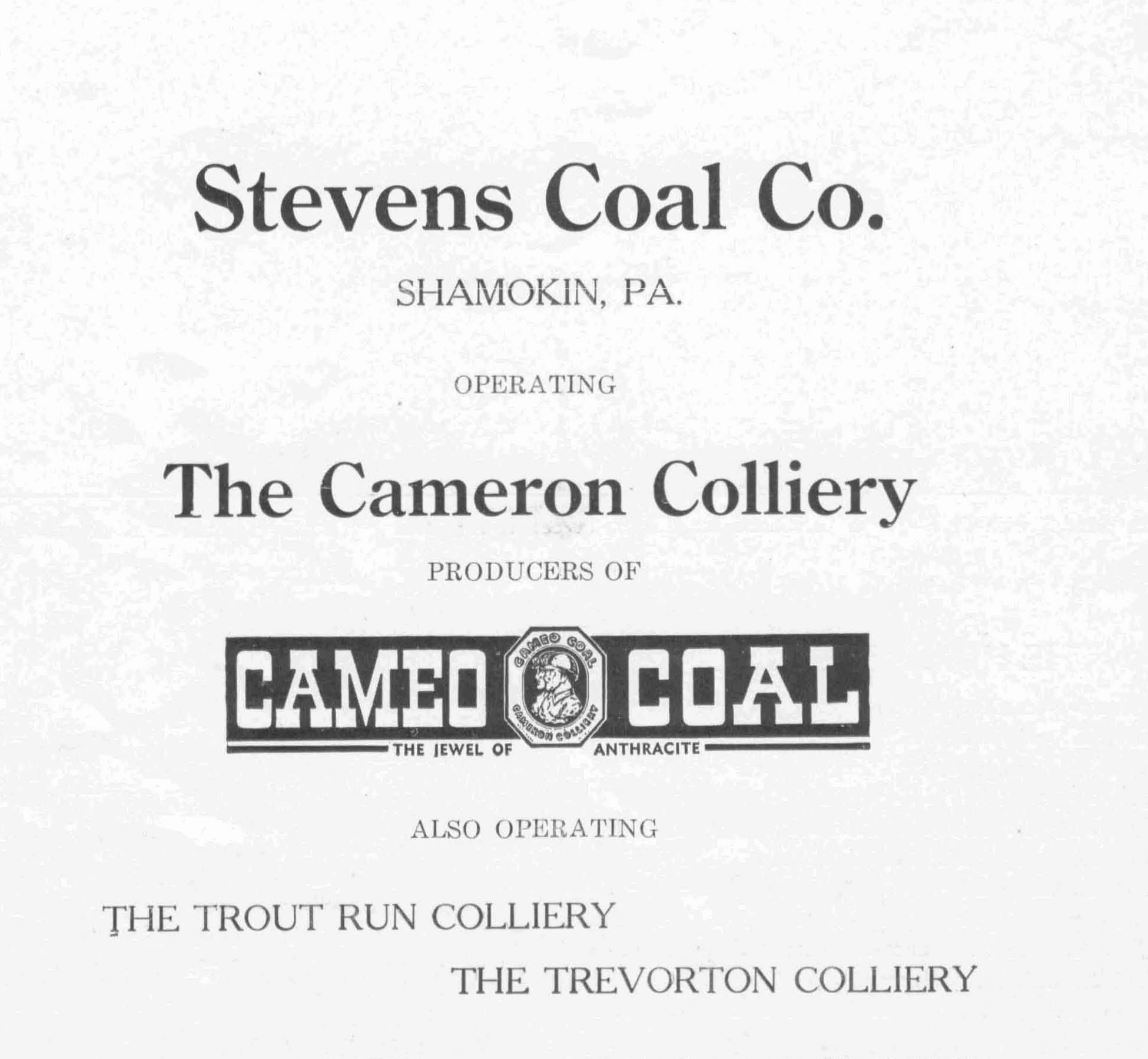Black-and-white Stevens Coal Company advertisement naming Cameron Colliery and Cameo Coal