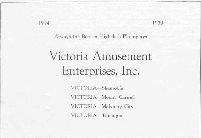 Black-and-white Victoria Amusement Enterprises anniversary advertisement naming the Victoria in Shamokin