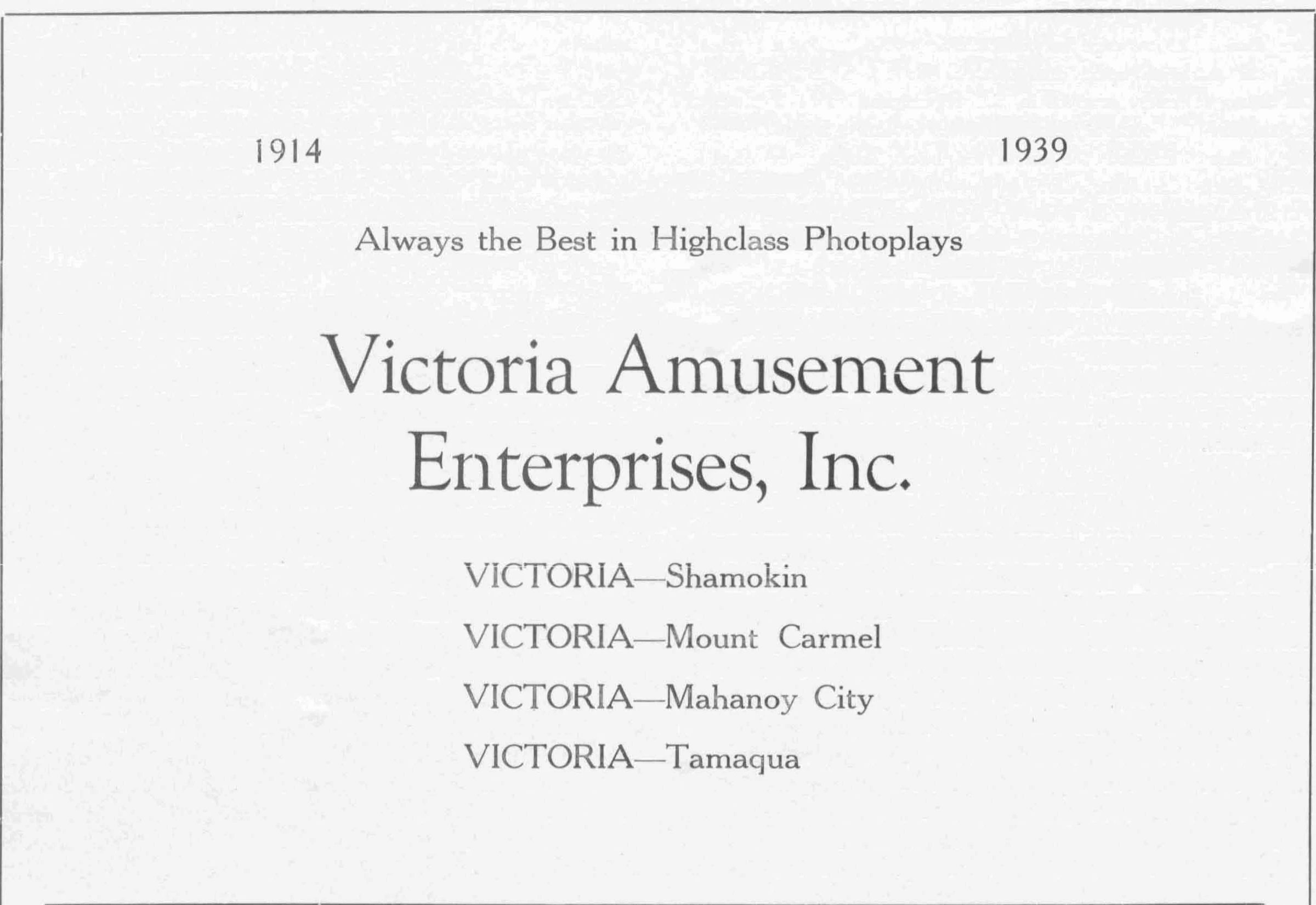 Black-and-white Victoria Amusement Enterprises anniversary advertisement naming the Victoria in Shamokin
