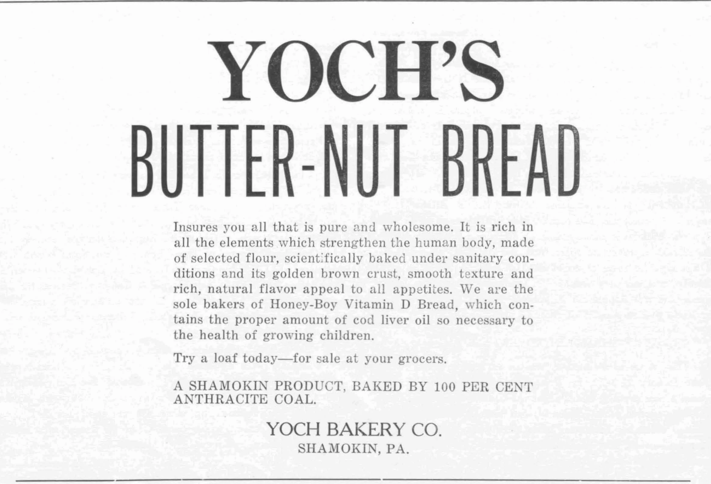 Black-and-white Yoch Bakery Company advertisement for Yoch’s Butter-Nut Bread