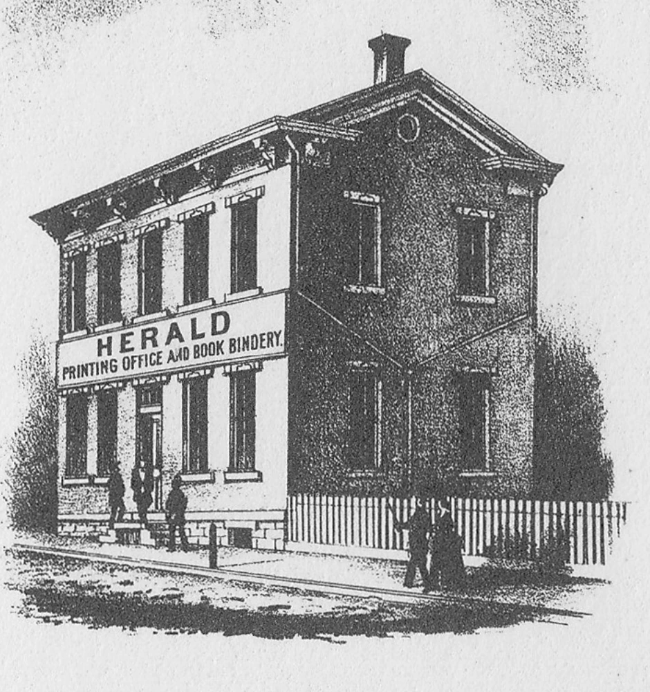 1873 illustration of the two-story Shamokin Herald printing office and book bindery with people outside