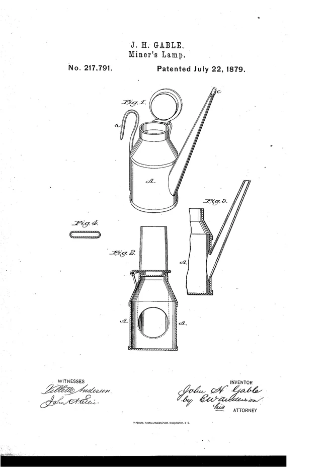 First page and technical drawing from John H. Gable's 1879 miner's lamp patent