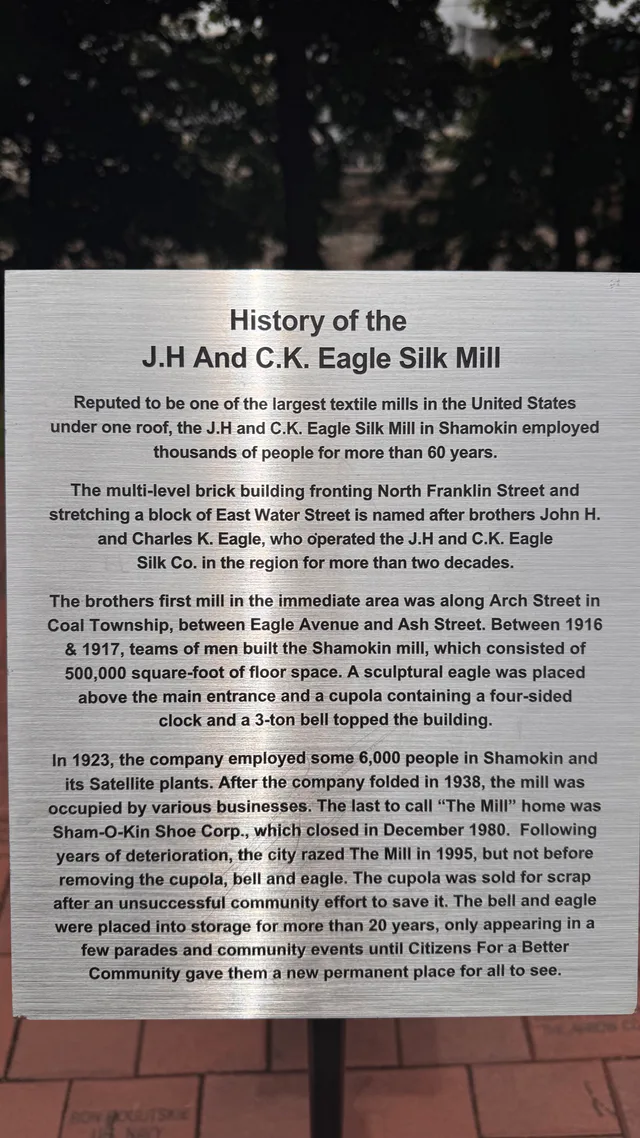 History plaque for the J.H. and C.K. Eagle Silk Mill