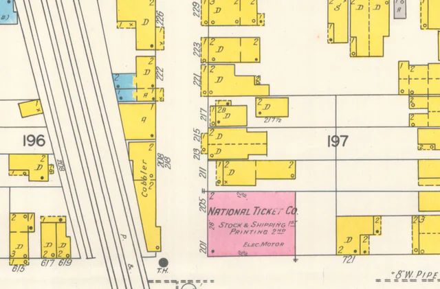 1929 Sanborn map detail labeling the National Ticket Company plant beside railroad tracks in Shamokin