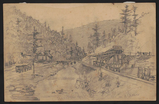 James Fuller Queen's 1851 drawing showing Shamokin Creek and the surrounding landscape
