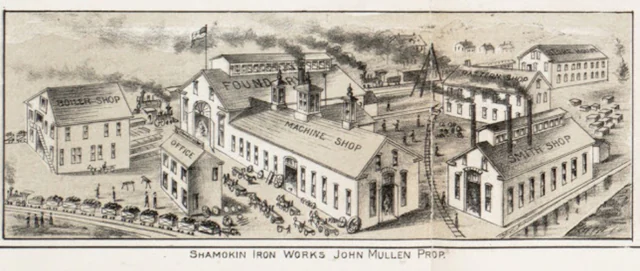 Historic labeled illustration of buildings at the Shamokin Iron Works
