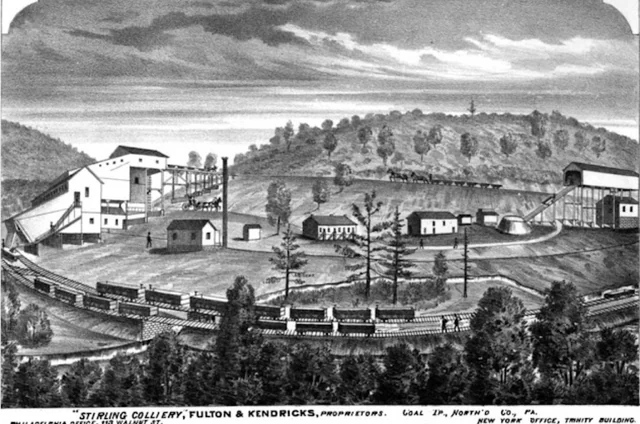 Historic illustration of buildings at the Stirling Colliery near Shamokin