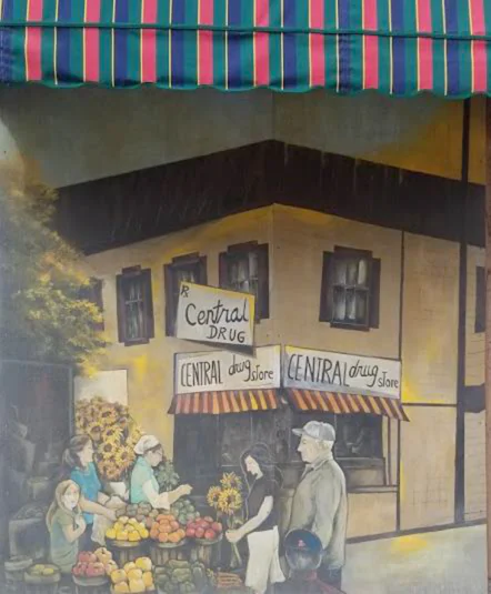 Central Drug Store mural wrapped around a Shamokin street corner