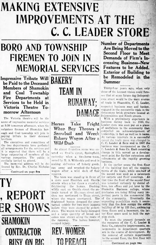 First page of a 1923 newspaper clipping about the C. C. Leader store expansion in Shamokin