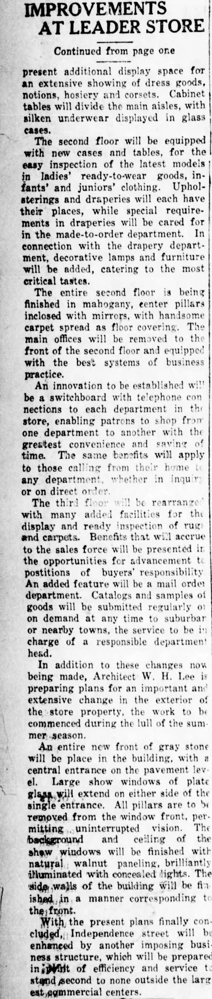 Second page of a 1923 newspaper clipping describing improvements at the C. C. Leader store in Shamokin