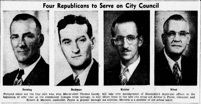 Four newspaper portraits labeled Persing, Badman, Kehler and Wiest, with their heading and complete identifying caption.