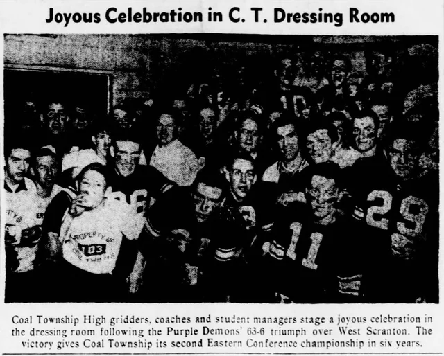 Coal Township football players and other team members celebrating in a crowded dressing room, with the original newspaper heading and caption.