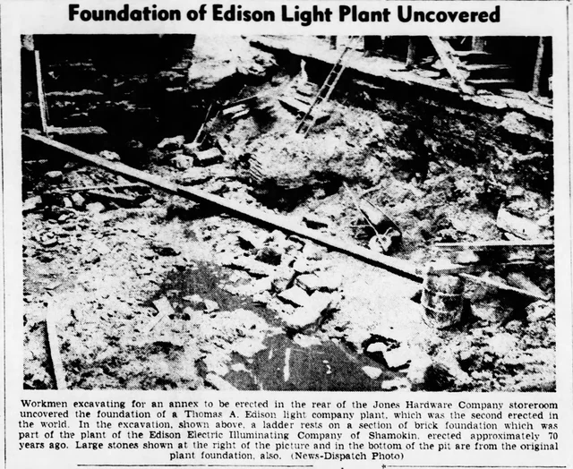 1953 excavation photograph showing stonework reported as part of Shamokin's former Edison light plant foundation