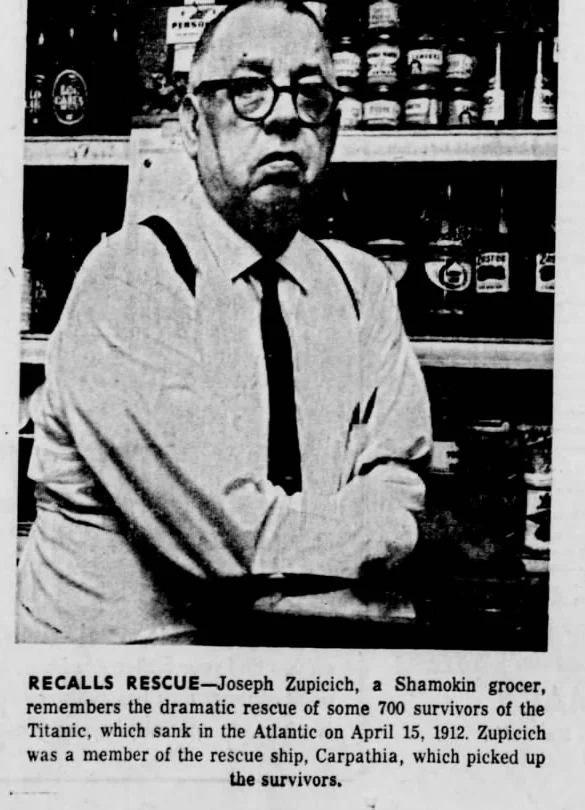 Joseph Zupicich seated in front of stocked grocery shelves, above the original newspaper caption identifying him.