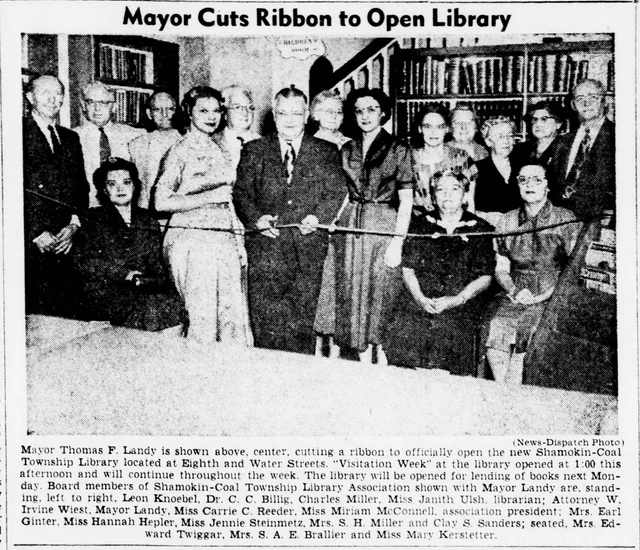 Mayor Thomas F. Landy and library association members at a 1953 Shamokin-Coal Township Library ribbon cutting