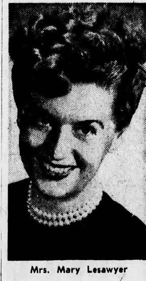 Newspaper portrait of Mary LeSawyer wearing a pearl necklace, with the printed identifying caption retained.
