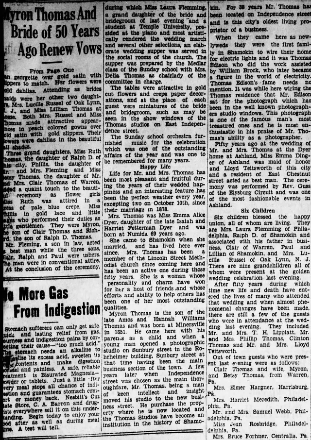 1928 Shamokin News-Dispatch clipping about photographer Myron Thomas and an Edison portrait