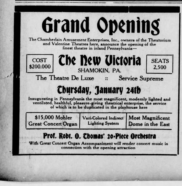 New Victoria theater advertisement announcing a Thursday, January 24 grand opening in Shamokin, with notices of an organ, orchestra, and lighting.