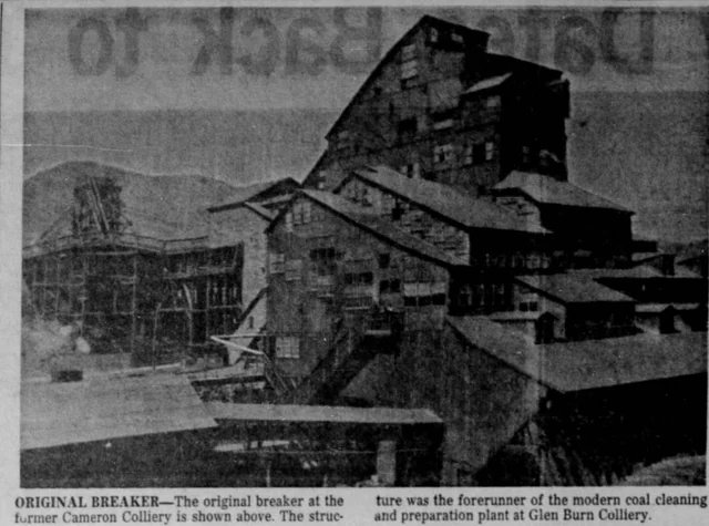 Historic Cameron Colliery breaker buildings, with the complete two-column newspaper caption beneath.