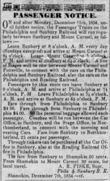 A small locomotive illustration above an 1854 Passenger Notice listing Philadelphia and Sunbury Railroad schedules and fares, with the superintendent’s signature retained.
