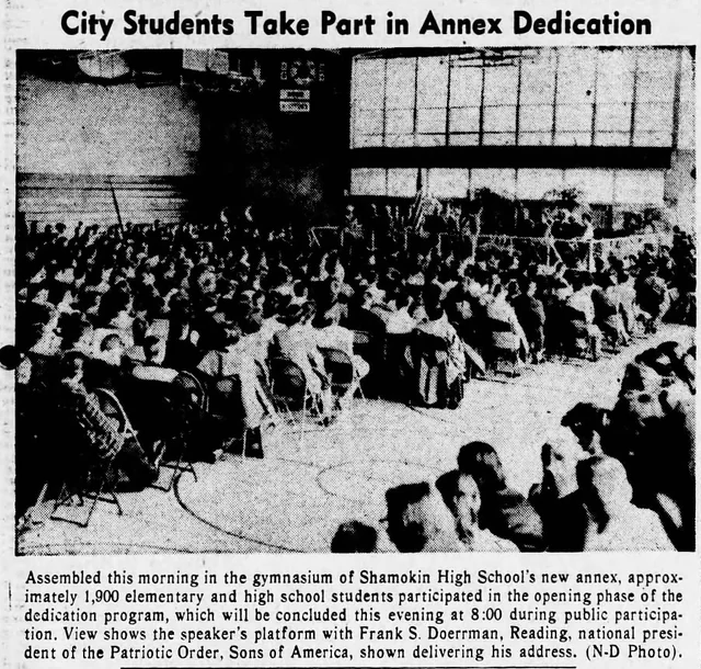 Students seated in rows in Shamokin High School’s new annex gymnasium during a dedication assembly, above the original newspaper caption.