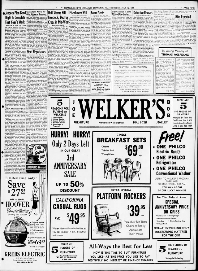 Full Shamokin News-Dispatch page from July 12, 1956 with local furniture, appliance, and community advertisements