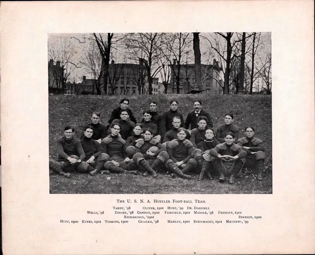 Naval Academy football team posed outdoors above the original printed roster, which includes Richardson, 1901