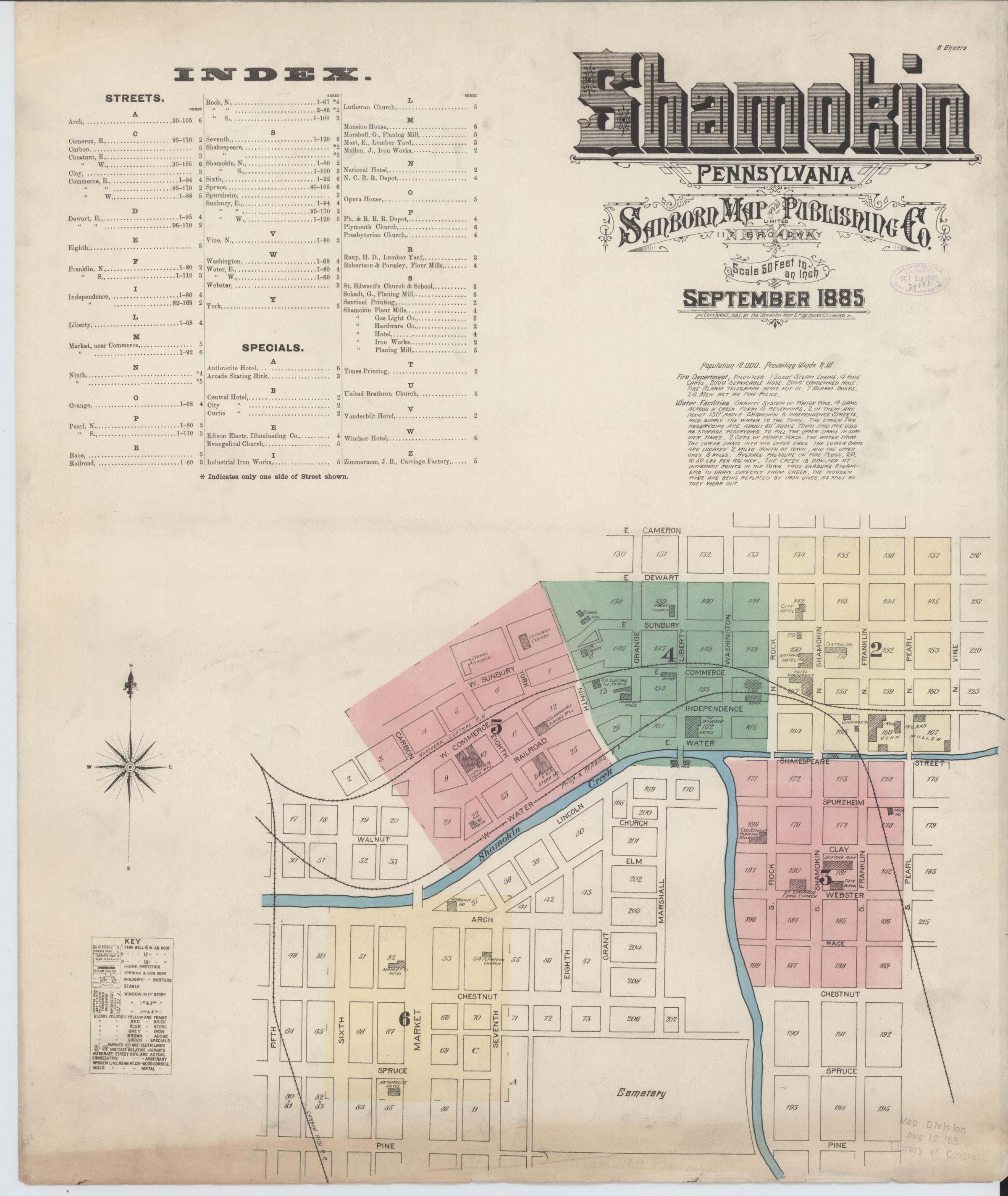 September 1885 Sanborn fire insurance map of Shamokin, Page 1.