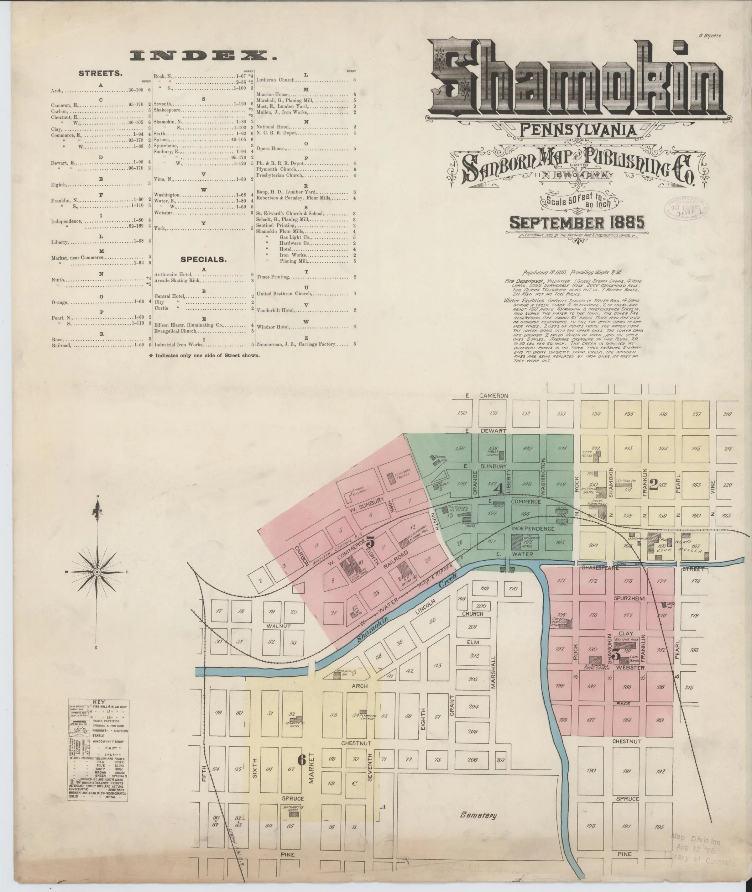 Page 1 of the September 1885 Shamokin Sanborn fire-insurance maps; streets, building footprints, and map symbols.