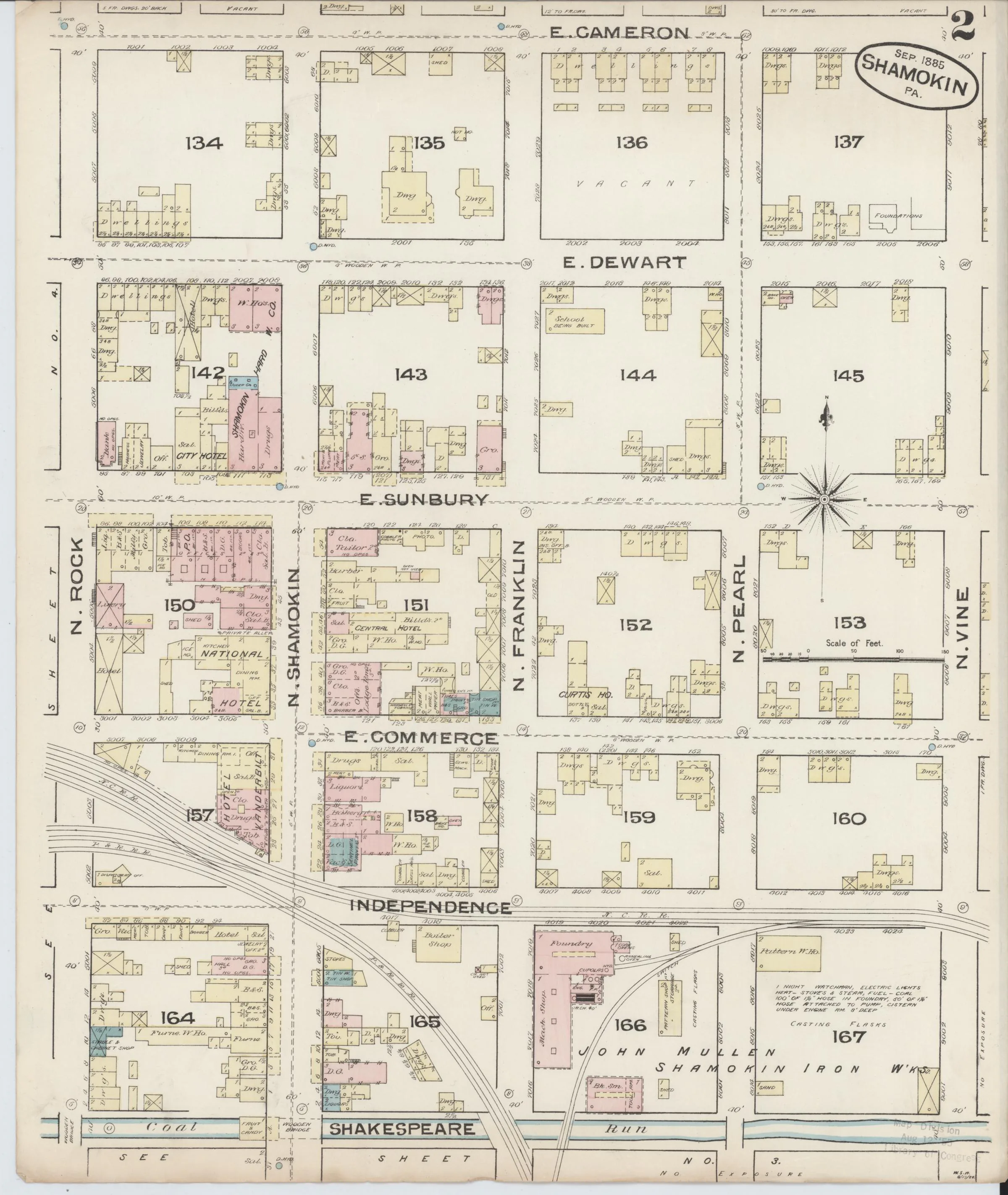 Page 2 of the September 1885 Shamokin Sanborn fire-insurance maps; streets, building footprints, and map symbols.