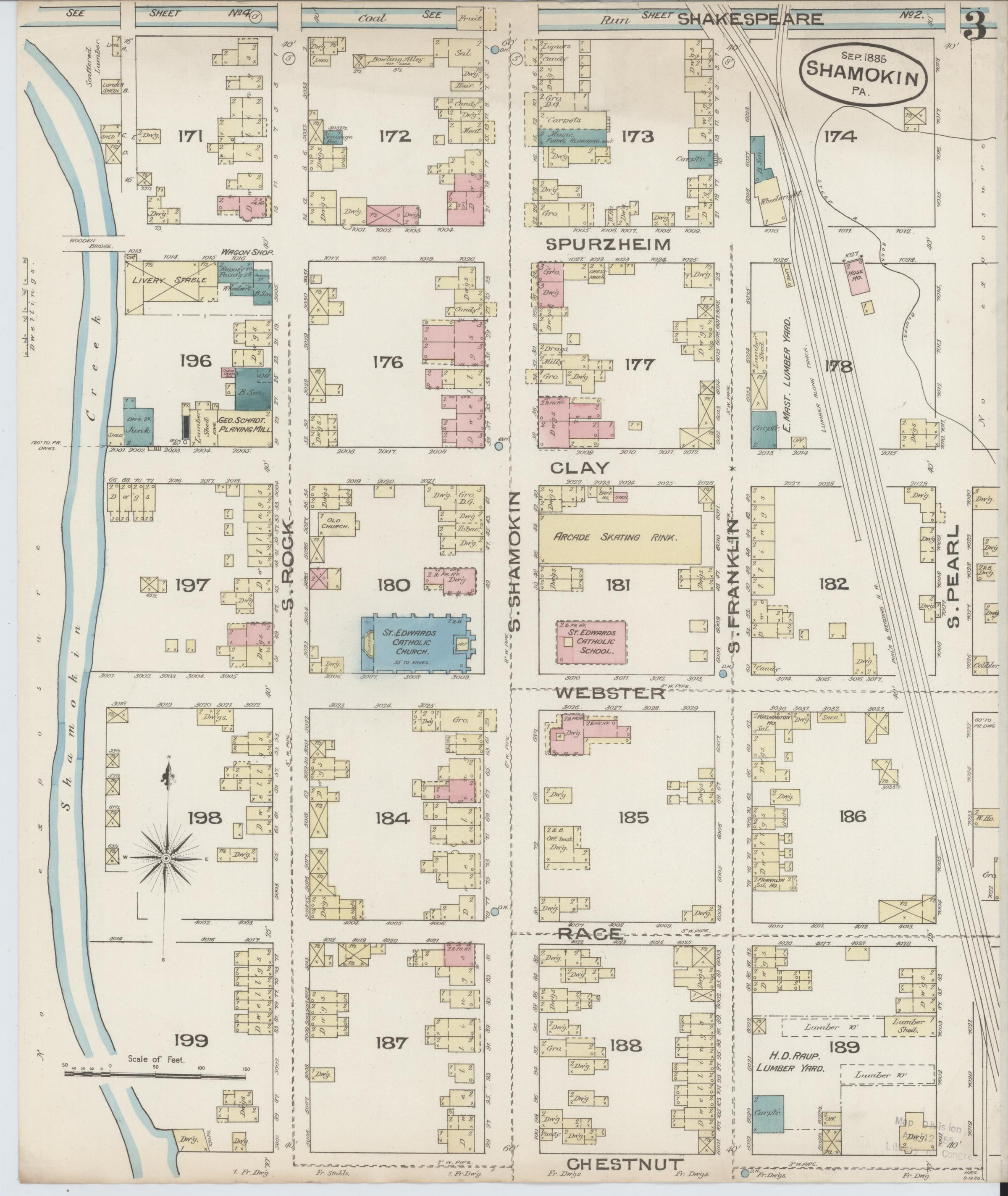 September 1885 Sanborn fire insurance map of Shamokin, Page 3.