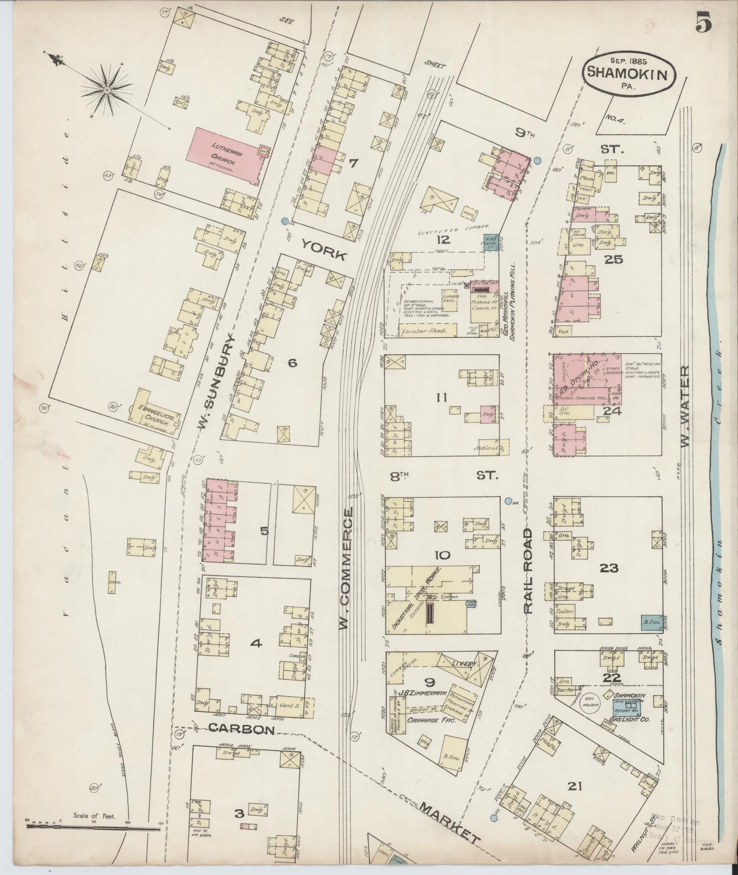 Page 5 of the September 1885 Shamokin Sanborn fire-insurance maps; streets, building footprints, and map symbols.