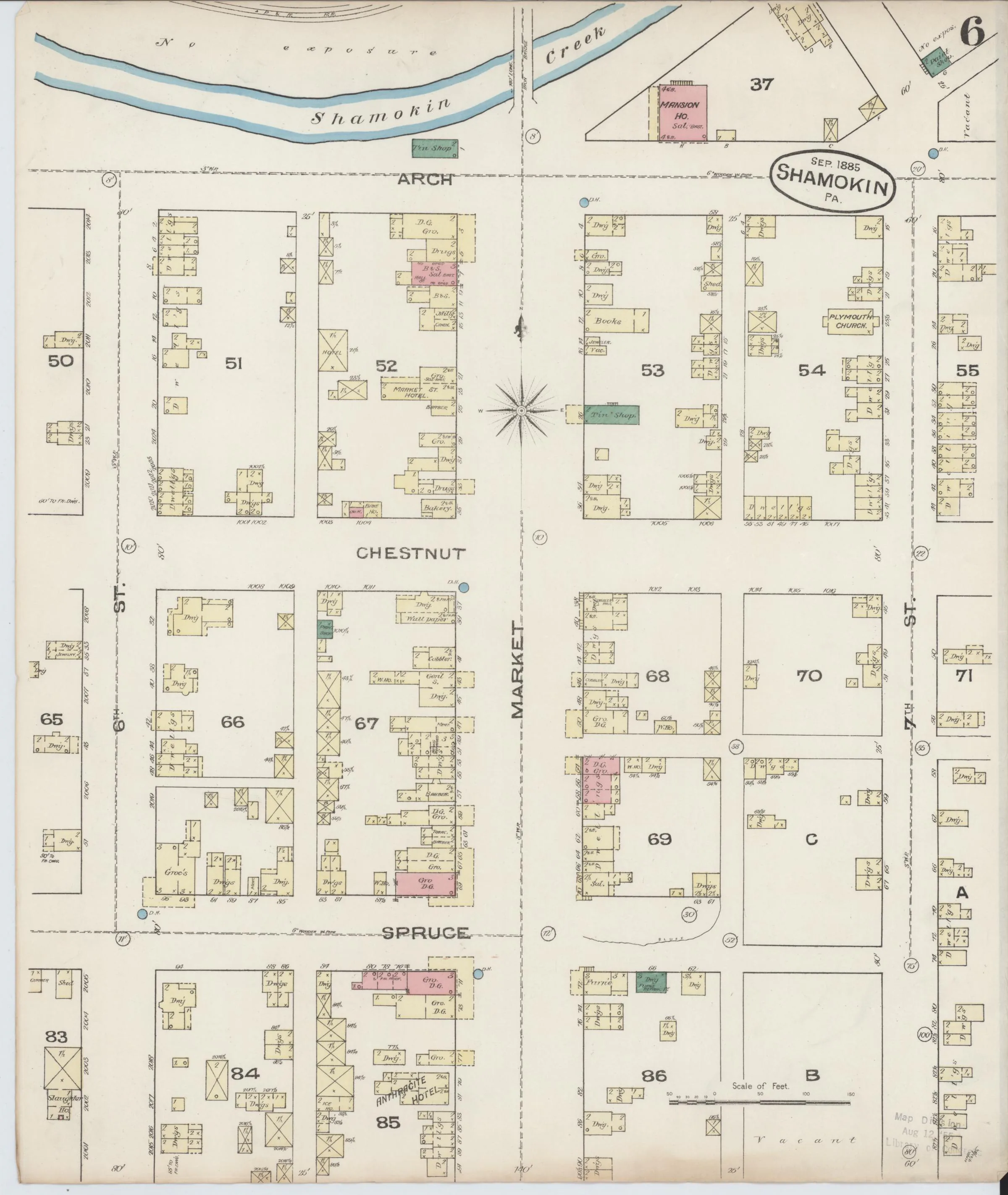 Page 6 of the September 1885 Shamokin Sanborn fire-insurance maps; streets, building footprints, and map symbols.