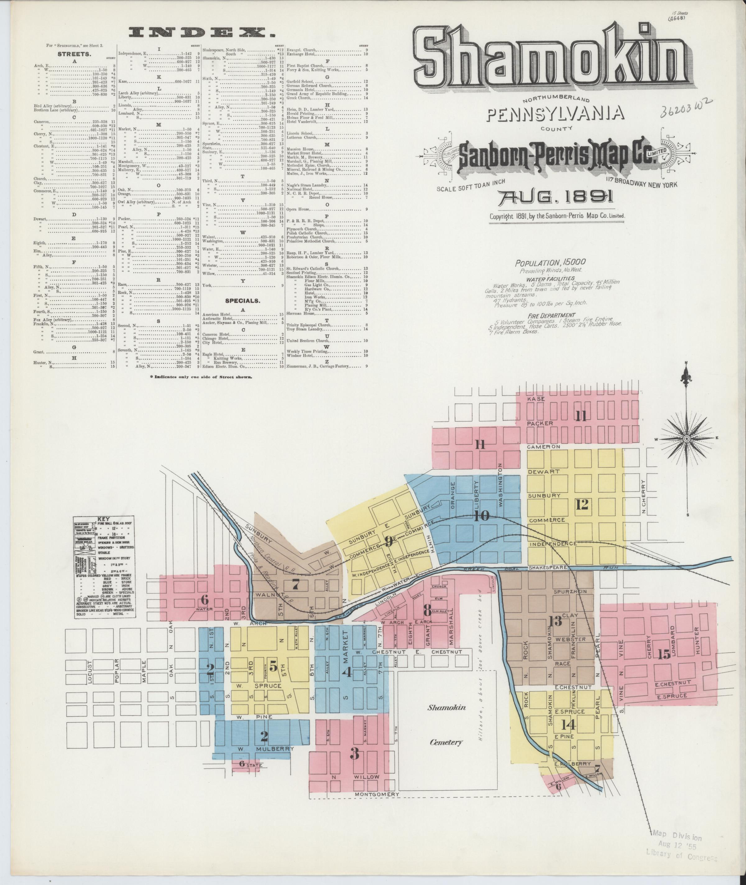August 1891 Sanborn fire insurance map of Shamokin, Page 1.